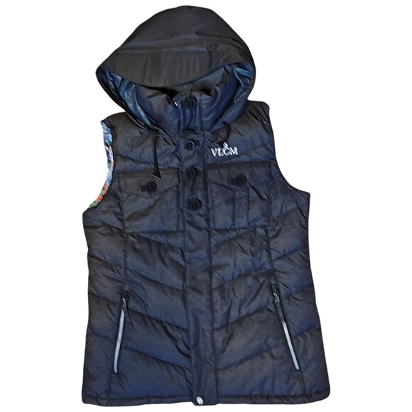 Volcom Down Puffer Vest Women's Large Hooded Sleeveless Printed Lining Black - Picture 1 of 11